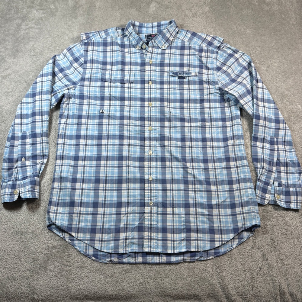 Vineyard Vines Performance Harbor Shirt Men Large Blue Plaid Long Sleeve Fishing